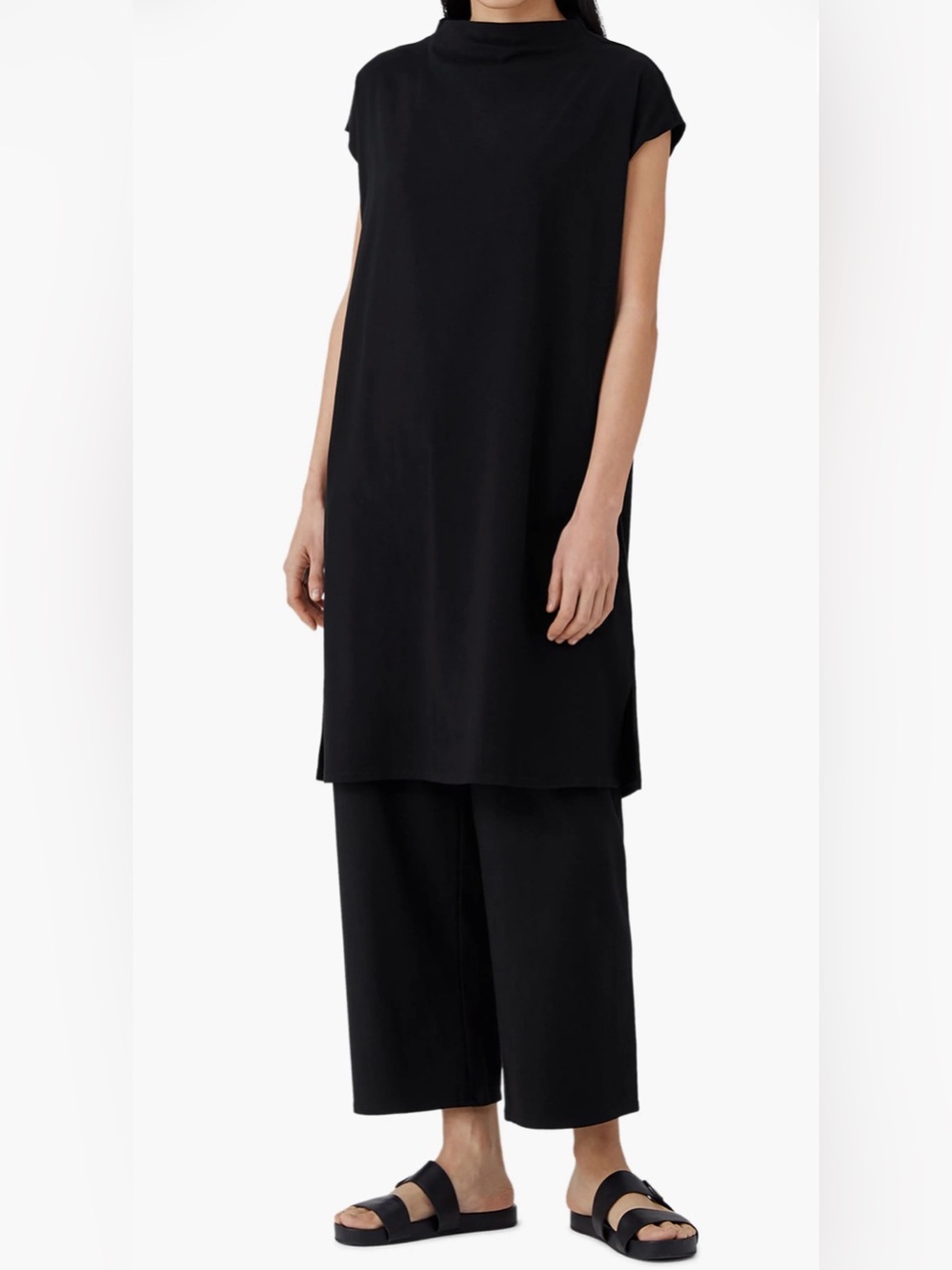 Eileen Fisher Black Organic Cotton Funnel Neck Cap Sleeve Shift Dress S